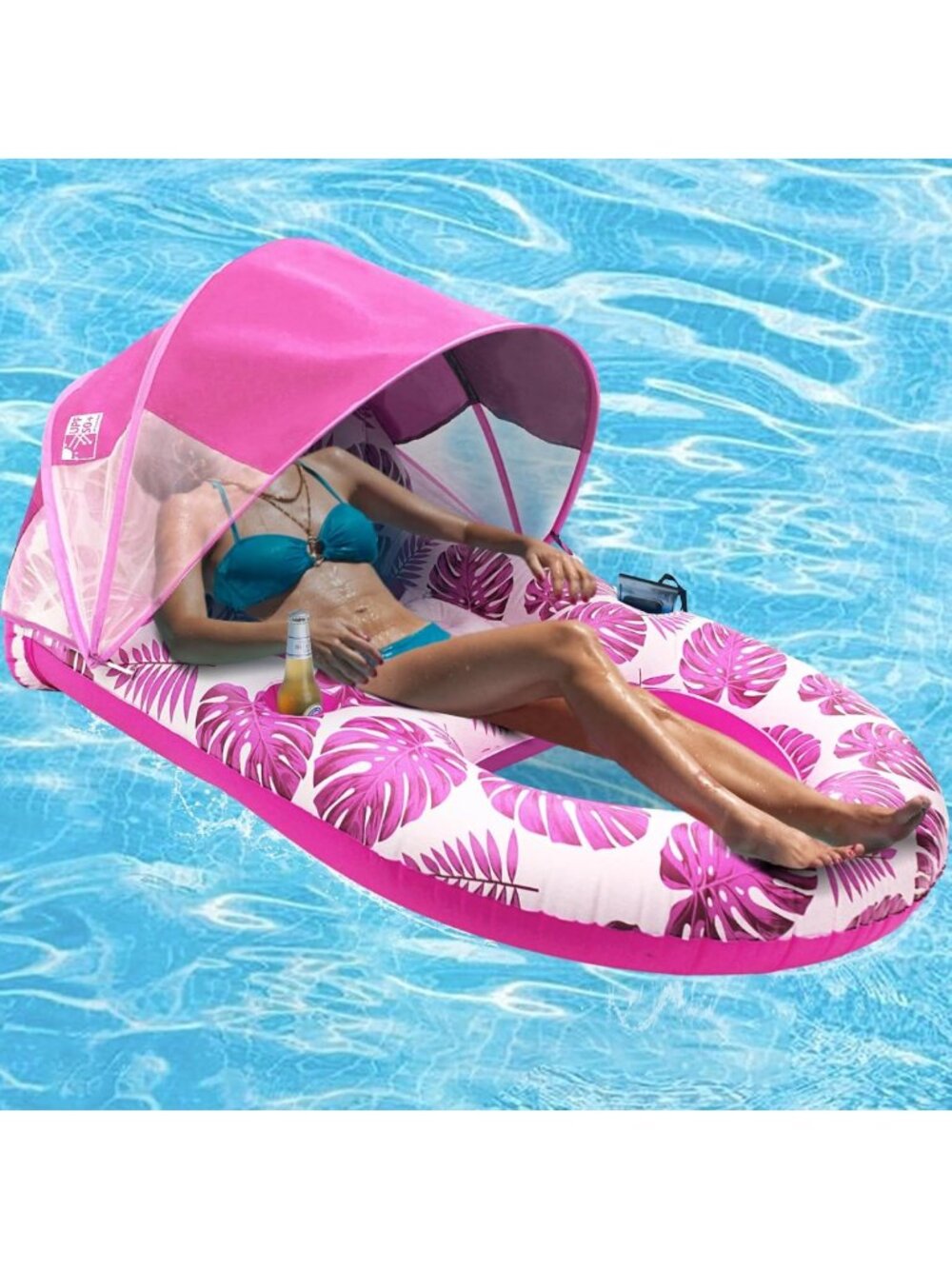 Extra Large Inflatable Pool Lounge Float with Canopy, Cup Holder & Backrest